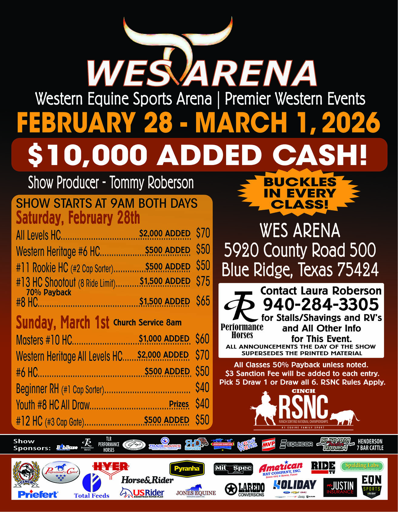 WES Arena event flyer for a Feb 28–March 1, 2026 RSNC ranch sorting show with $10,000 added cash and class schedule