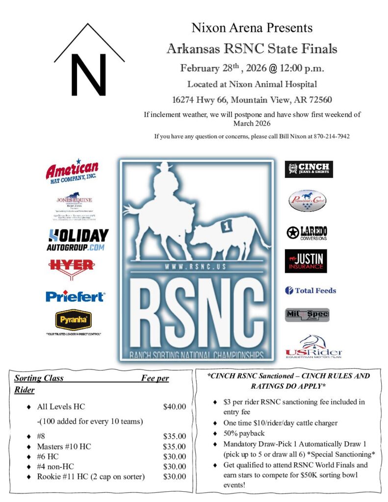 Event flyer for the Arkansas RSNC State Finals at Nixon Arena with the Ranch Sorting National Championships logo, sponsor logos and class fees