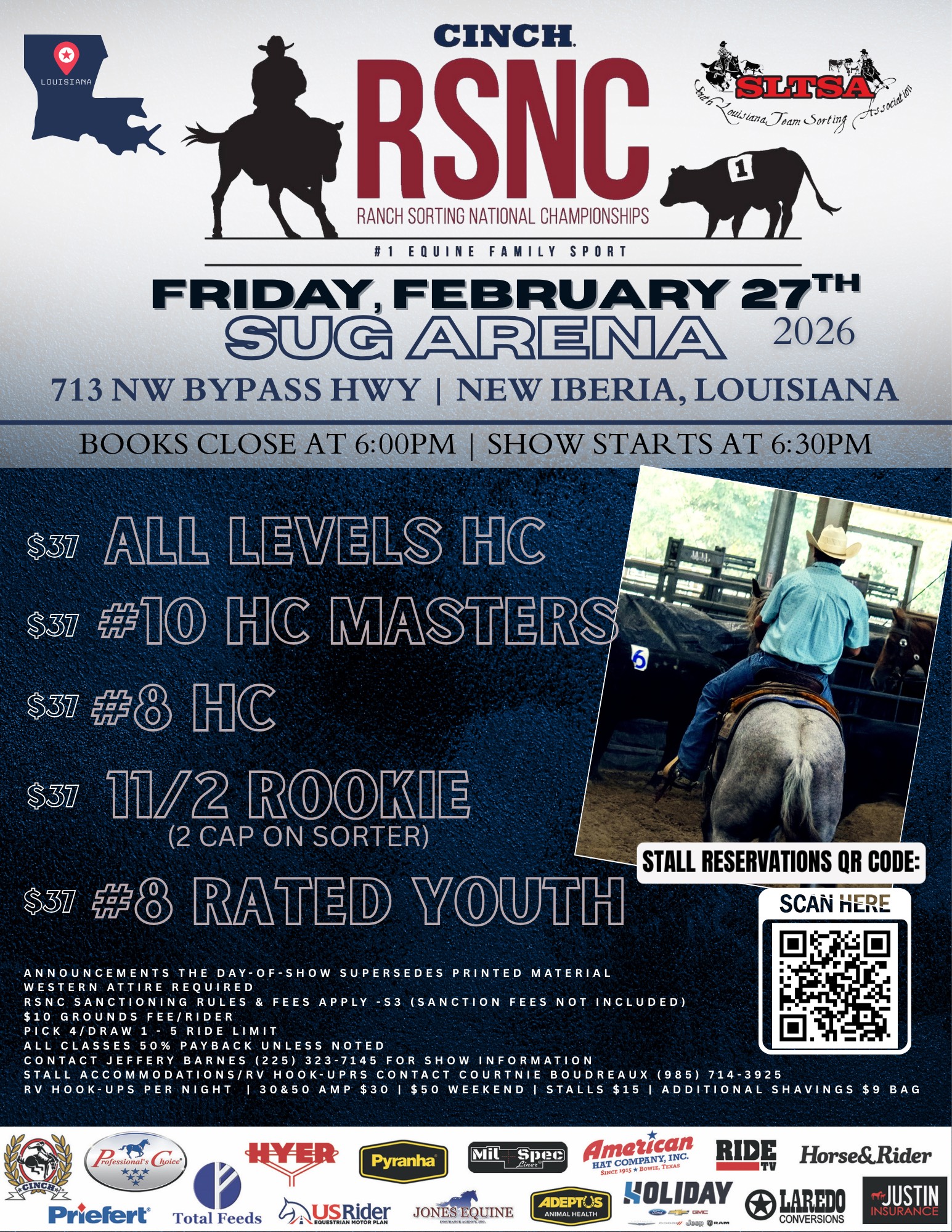 Cinch RSNC ranch sorting event flyer for Friday, February 27, 2026 at SUG Arena in New Iberia, Louisiana, listing classes and fees
