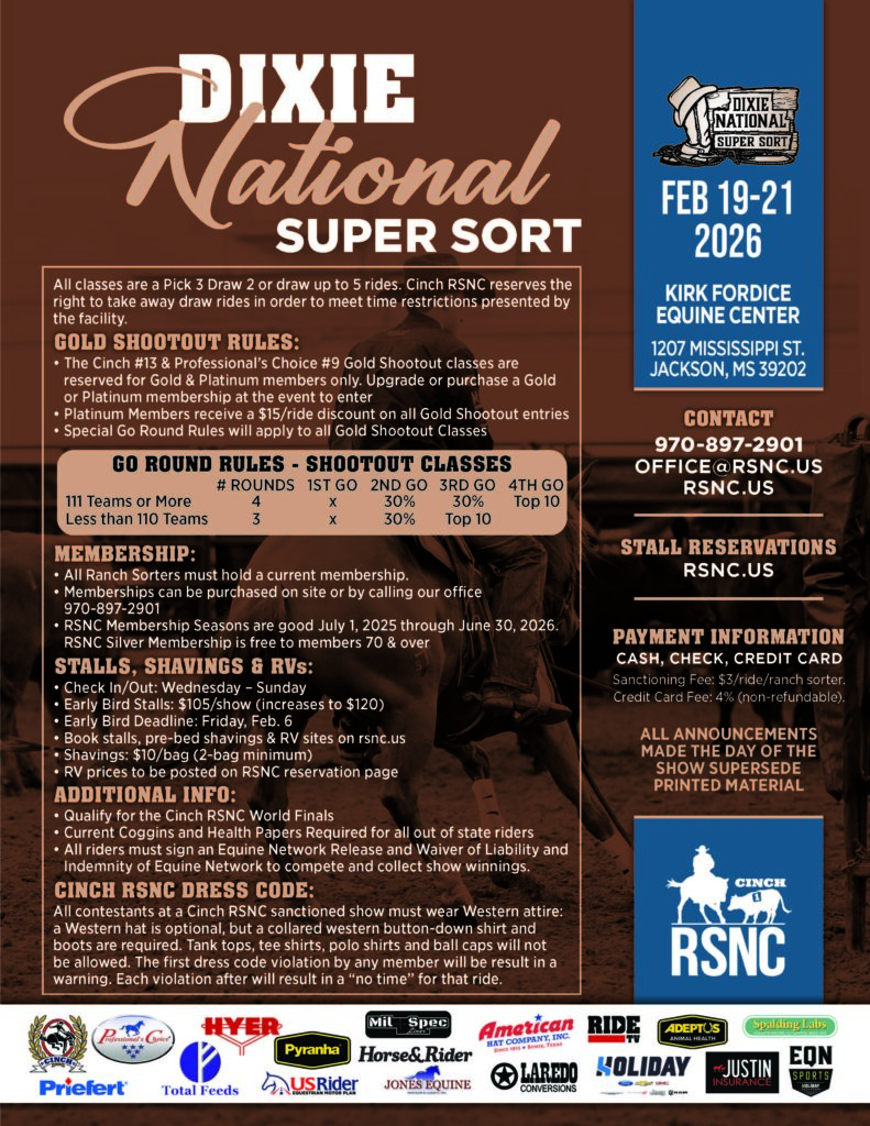 Dixie National Super Sort event flyer with Cinch RSNC ranch sorting rules, membership, stall and dress code details for Feb 19-21, 2026 in Jackson, MS