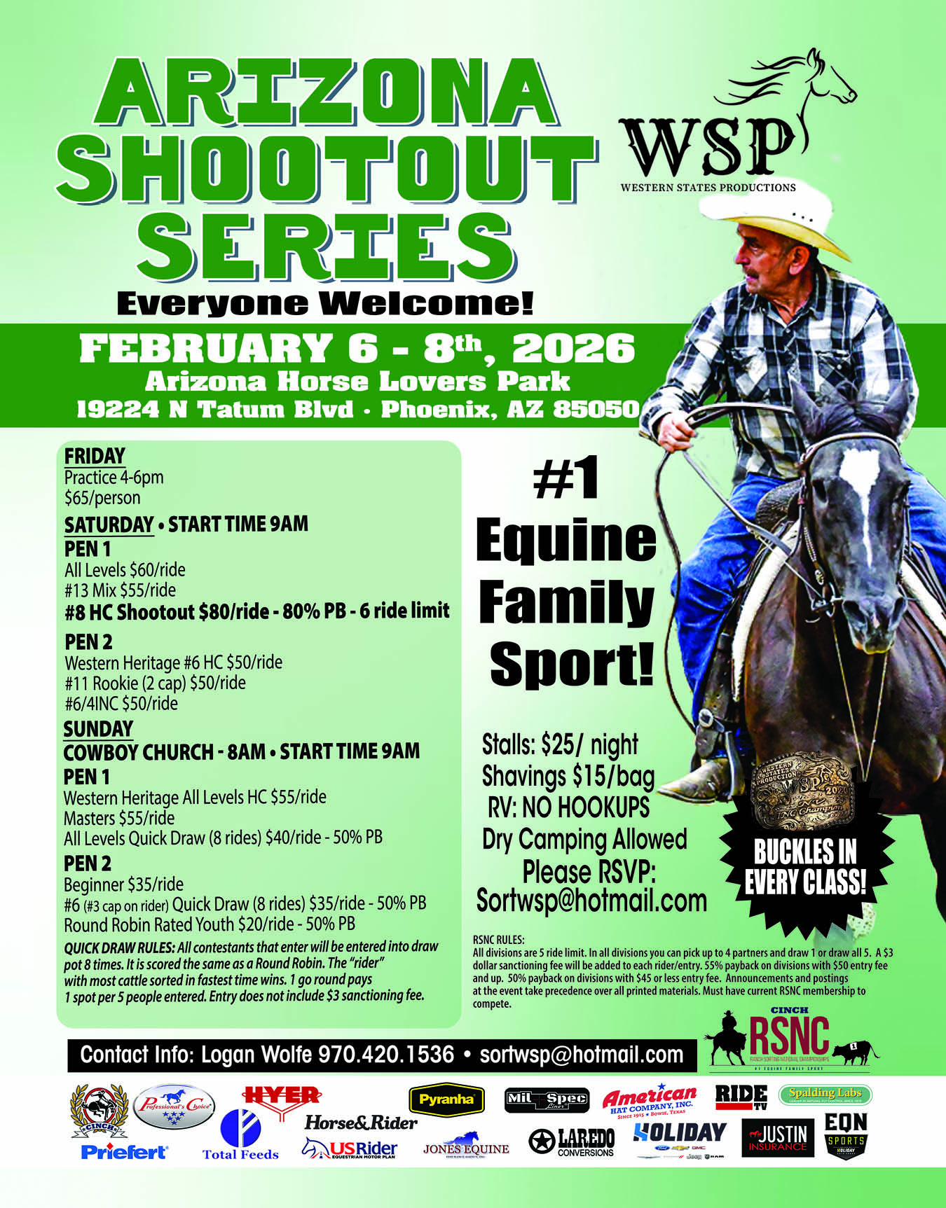 Green event flyer for the Arizona Shootout Series ranch sorting in Phoenix, with a cowboy riding a dark horse