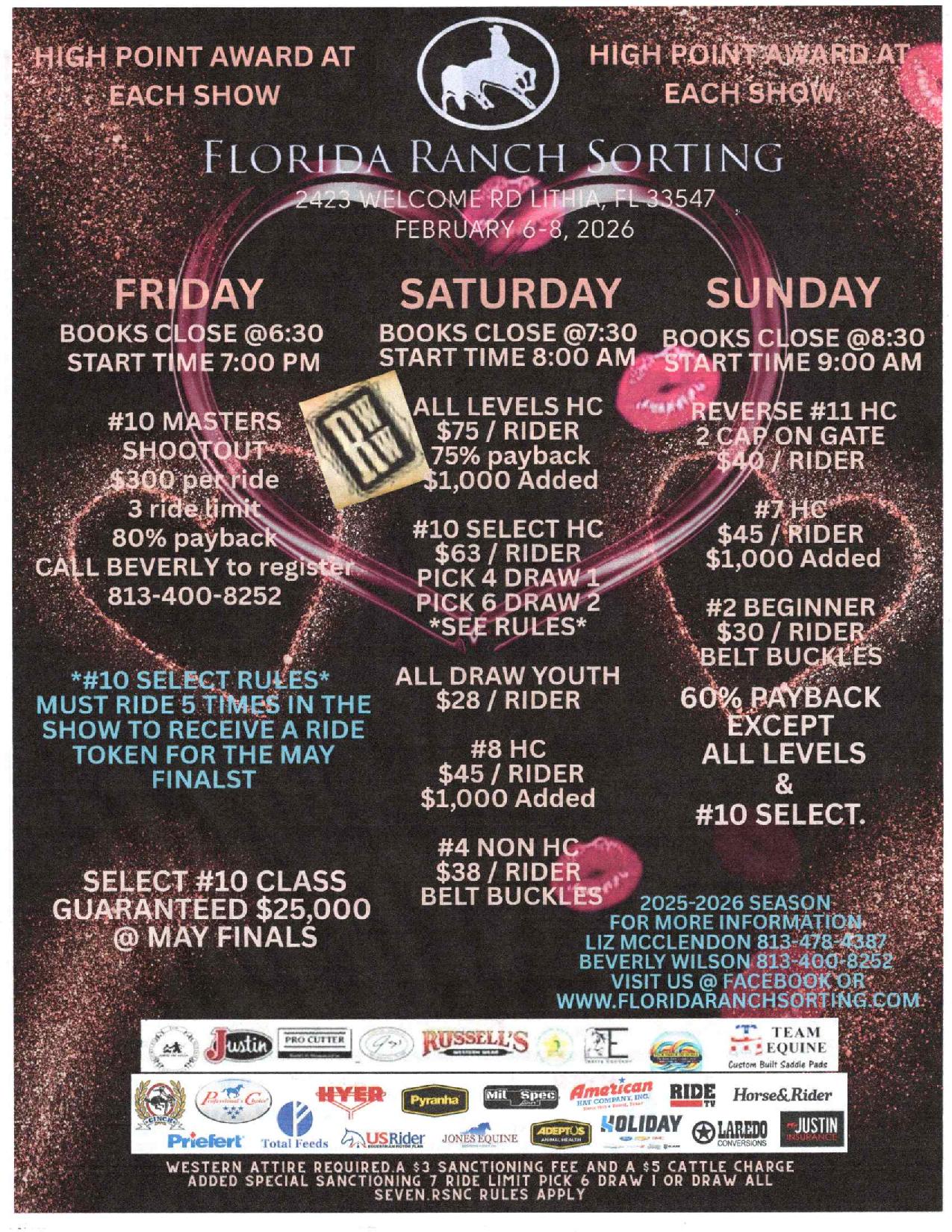 Florida Ranch Sorting event flyer on black with pink heart lipstick art, listing Friday–Sunday class schedules and entry fees