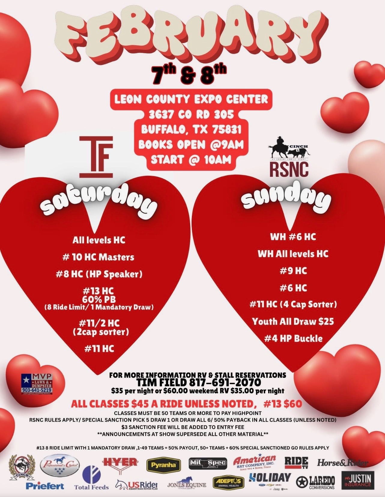 Valentine-themed flyer with red hearts listing Saturday and Sunday ranch sorting classes at Leon County Expo Center