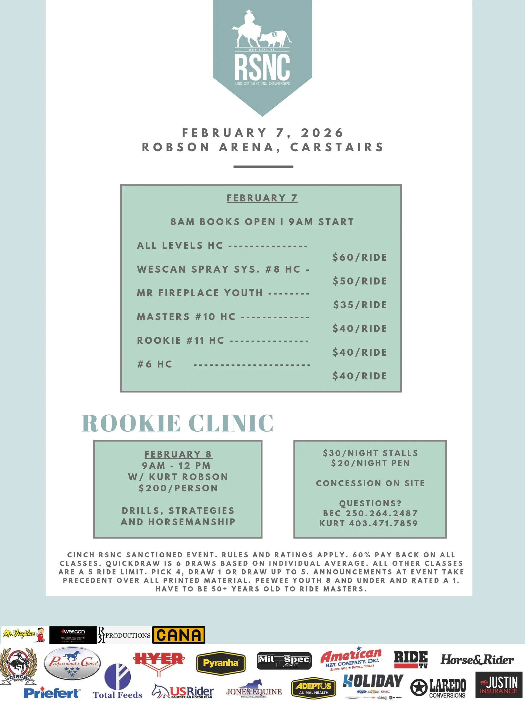 RSNC ranch sorting event flyer for February 7, 2026 at Robson Arena in Carstairs, listing classes, fees and rookie clinic
