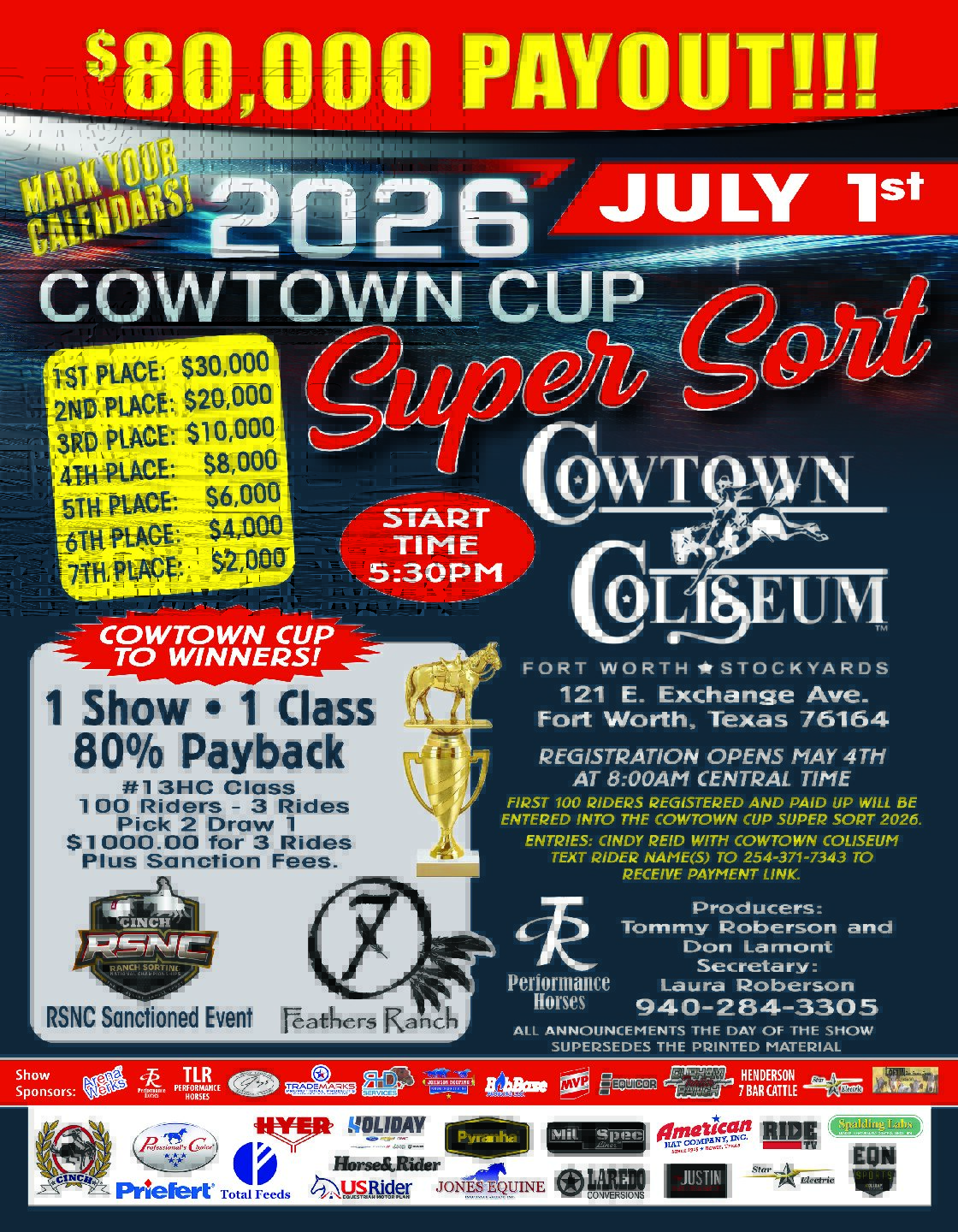 Event flyer for the 2026 Cowtown Cup Super Sort ranch sorting at Cowtown Coliseum, July 1st, with $80,000 payout