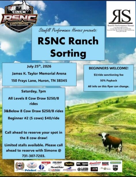 Event flyer for an RSNC Ranch Sorting hosted by Stanfill Performance Horses, with class list, entry fees and contact details over a green pasture with a cow