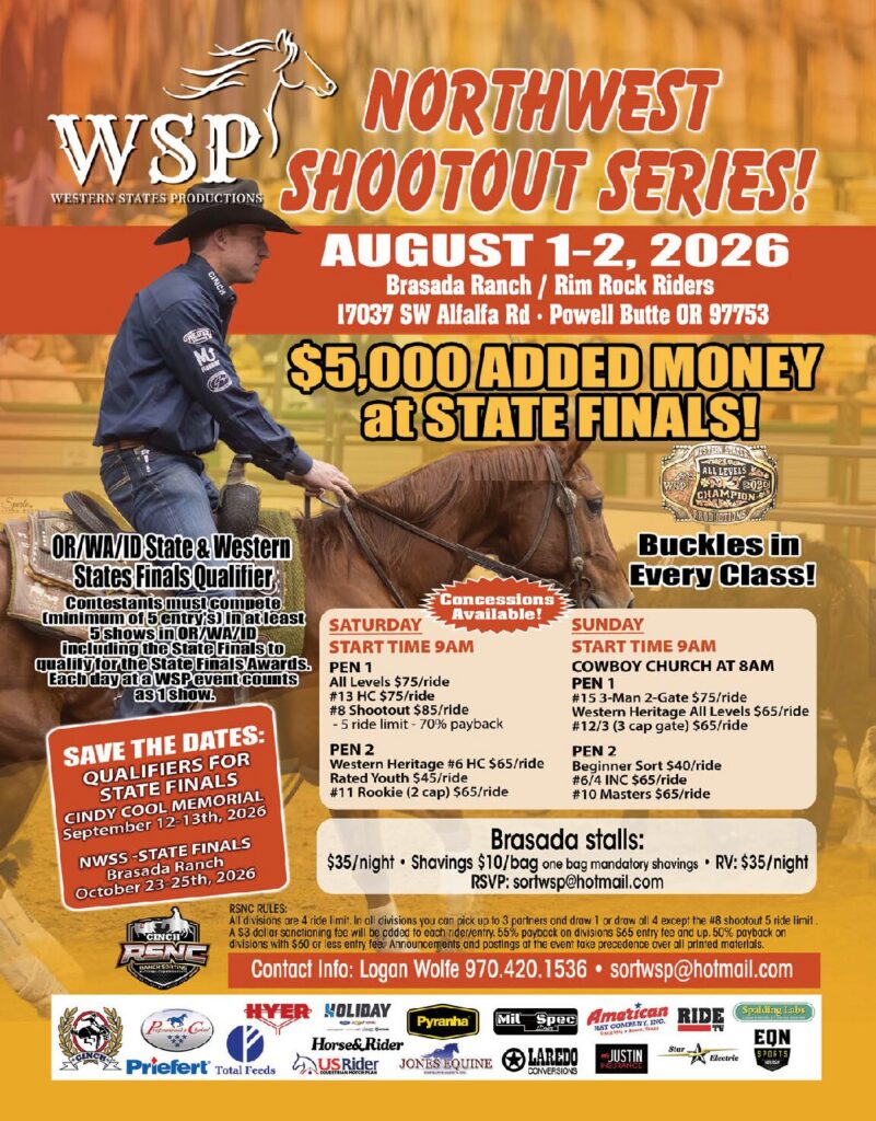 Event flyer for the WSP Northwest Shootout Series ranch sorting shows, featuring a cowboy riding a sorrel horse in an arena