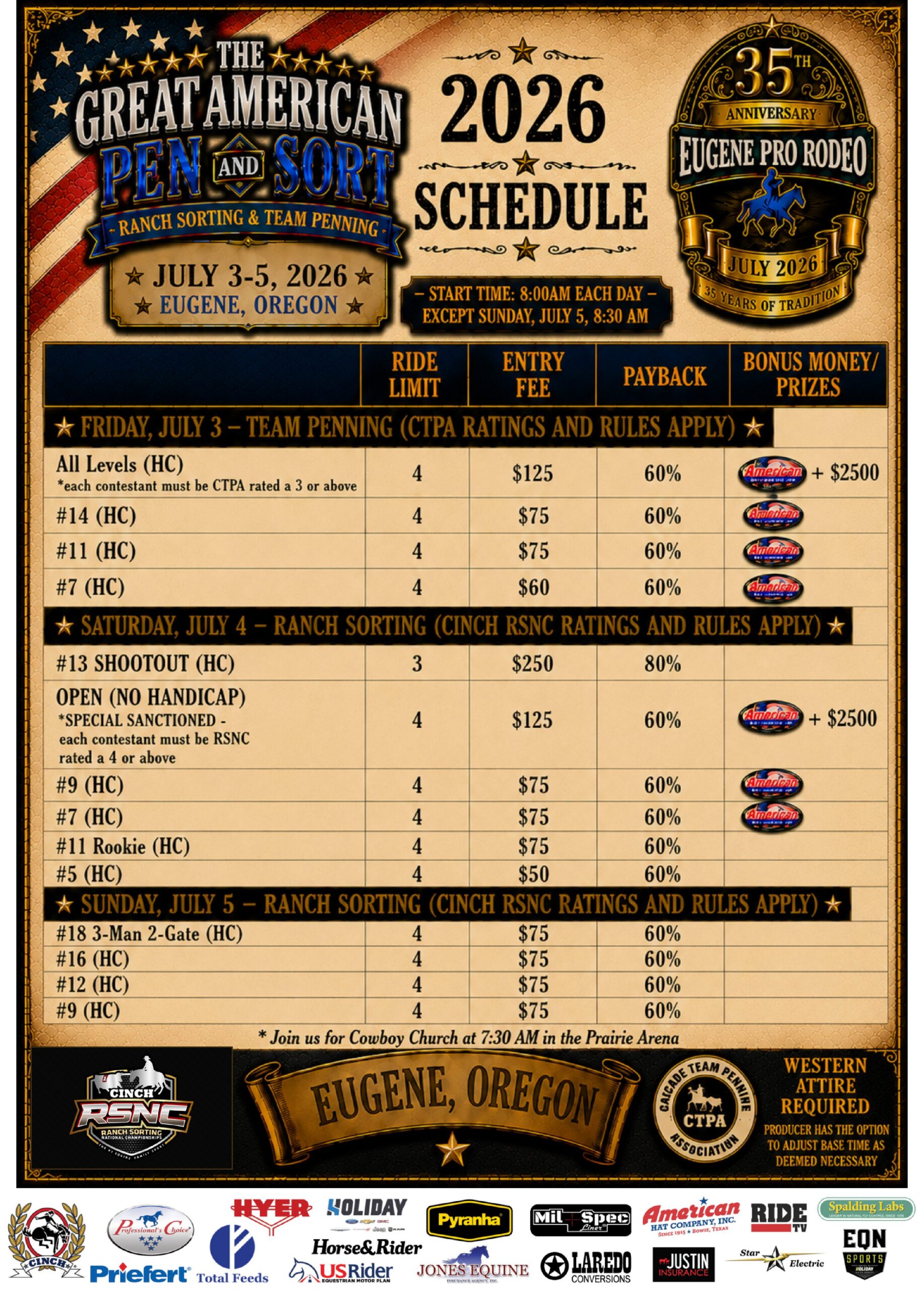 Great American Pen and Sort 2026 schedule poster listing team penning and ranch sorting classes, fees and paybacks