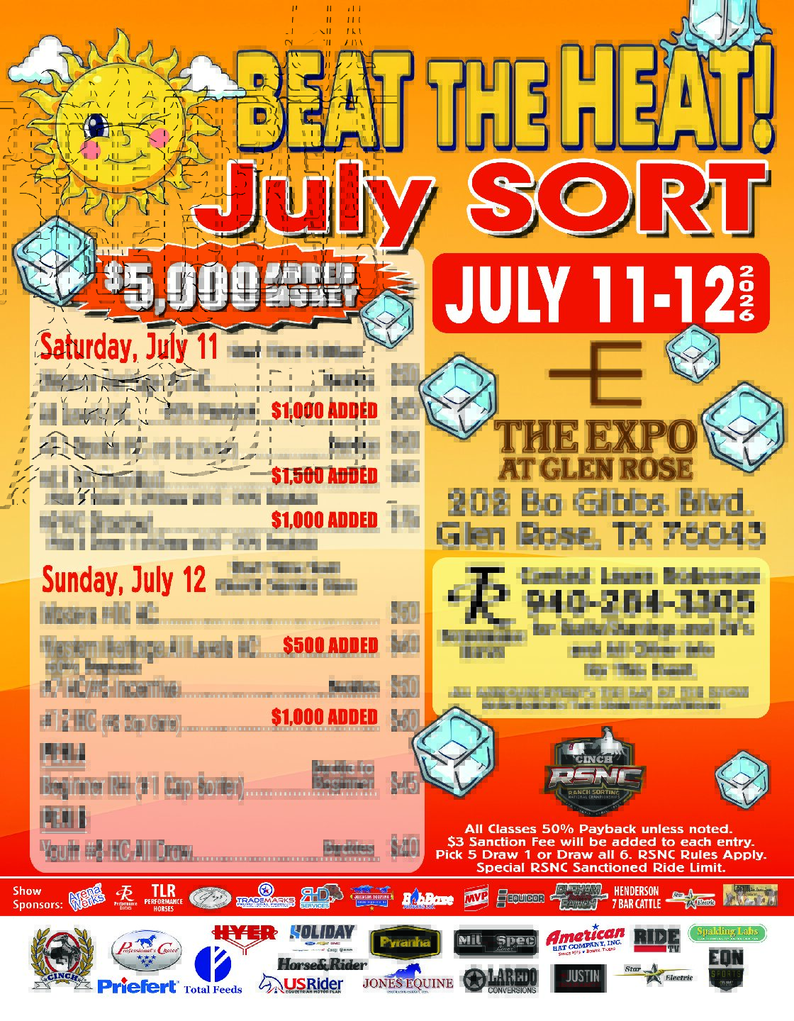 Colorful "Beat the Heat July Sort" event flyer with $5,000 added money, July 11-12 at The Expo at Glen Rose, Texas