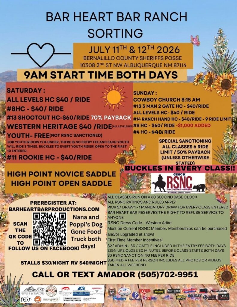 Colorful event flyer for Bar Heart Bar Ranch Sorting, July 11-12, 2026 in Albuquerque, listing RSNC-sanctioned classes, fees and payouts