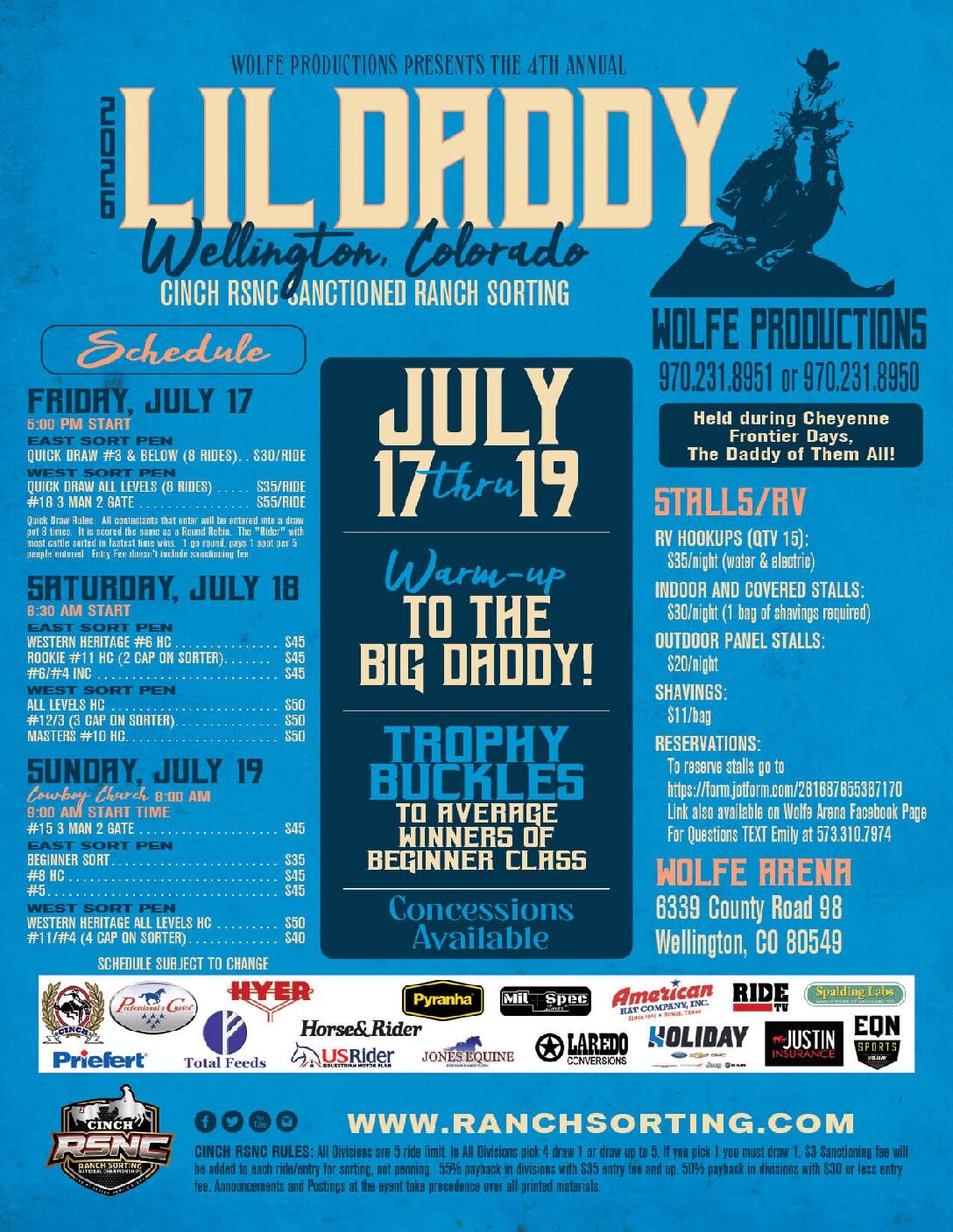 Blue event flyer for the 4th Annual Lil Daddy CINCH RSNC sanctioned ranch sorting, July 17-19 at Wolfe Arena in Wellington, Colorado