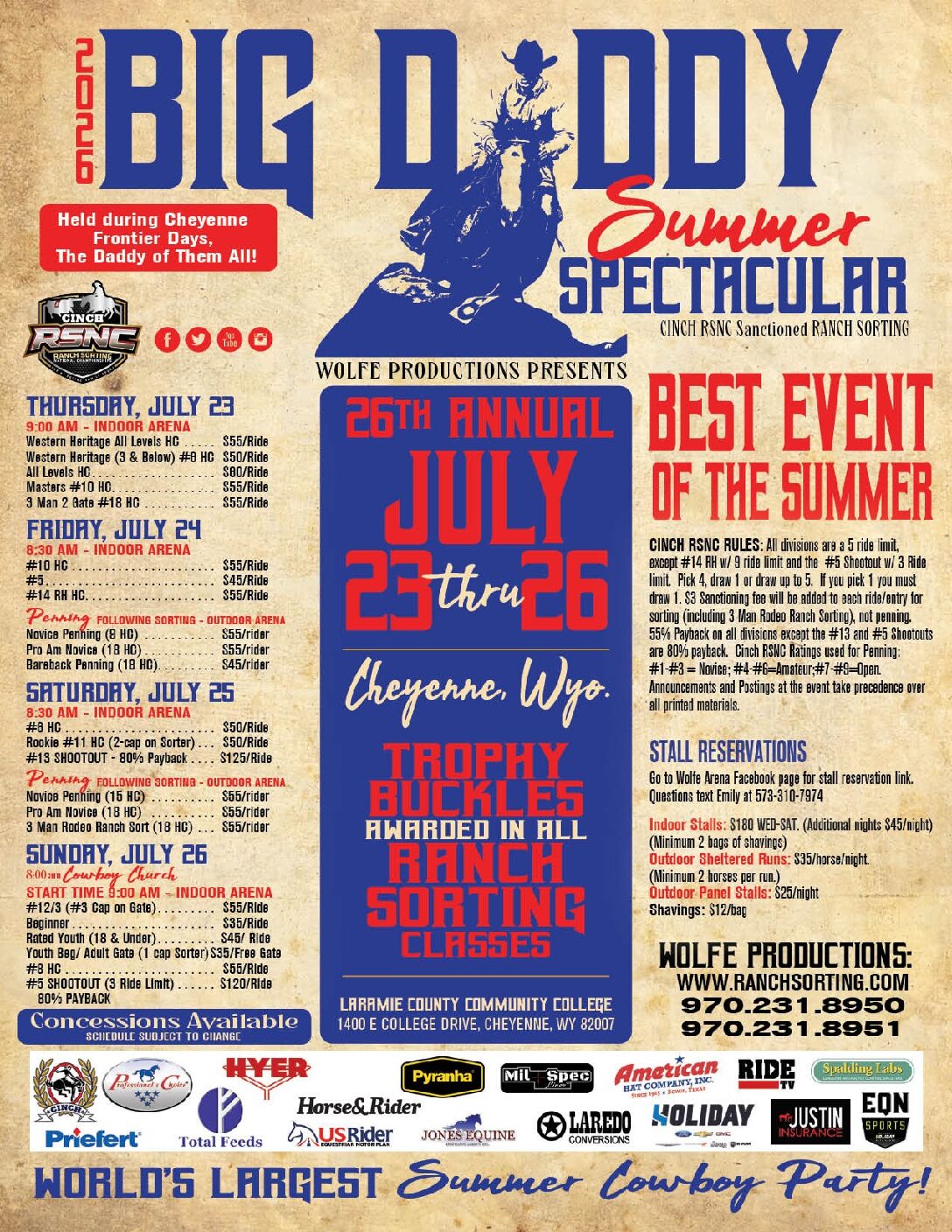 Event flyer for the 2020 Big Daddy Summer Spectacular CINCH RSNC ranch sorting in Cheyenne, Wyoming, July 23-26
