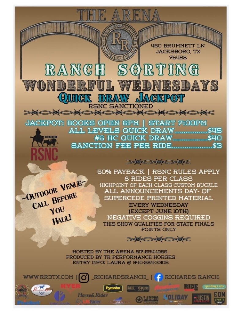 Event flyer for The Arena's Wonderful Wednesdays RSNC-sanctioned ranch sorting quick draw jackpot in Jacksboro, Texas