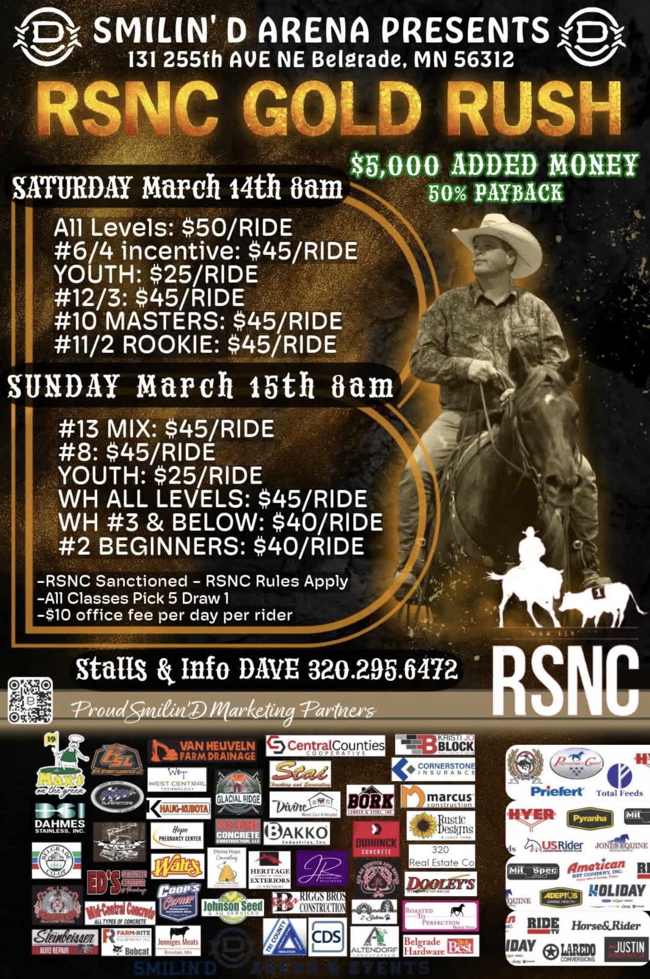 Event flyer for RSNC Gold Rush ranch sorting at Smilin' D Arena with class list, entry fees and a rider on horseback