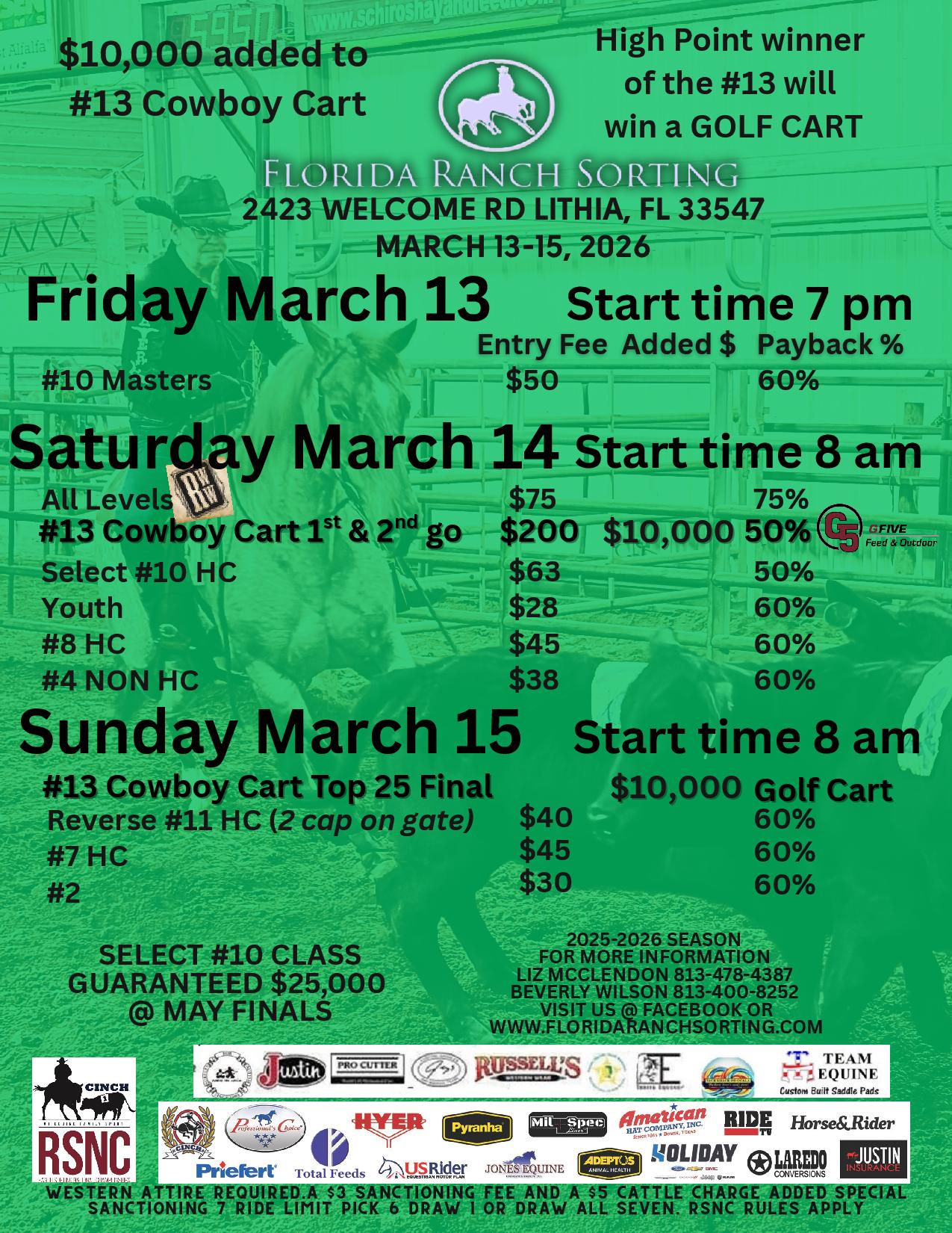 Green-tinted Florida Ranch Sorting event flyer listing March 13-15, 2026 classes, entry fees, added money and payback percentages
