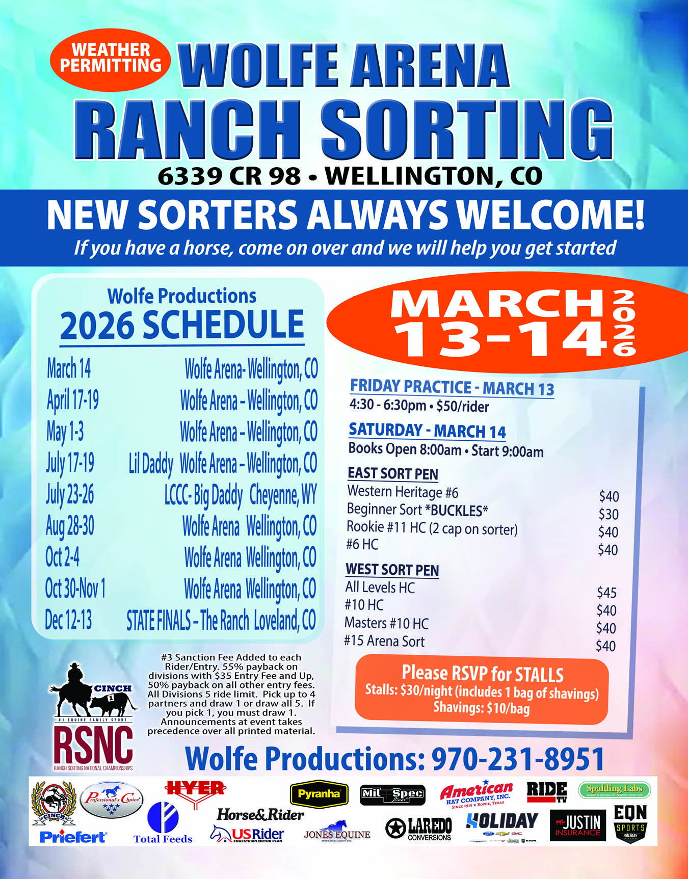 Event flyer for Wolfe Arena Ranch Sorting in Wellington, CO, March 13-14, 2026, listing classes, entry fees and 2026 schedule