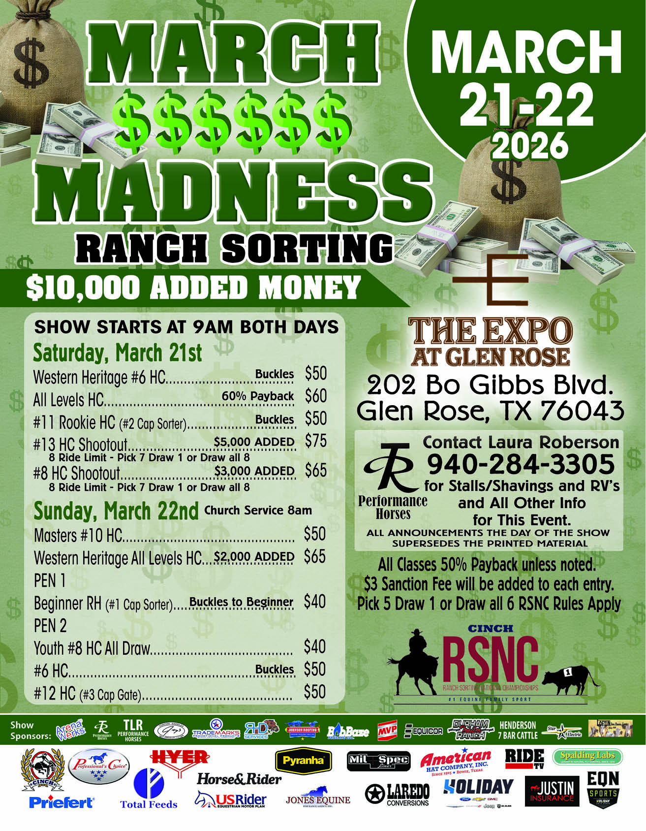 March Madness Ranch Sorting flyer for March 21-22, 2026 at The Expo at Glen Rose, Texas, with $10,000 added money and class list