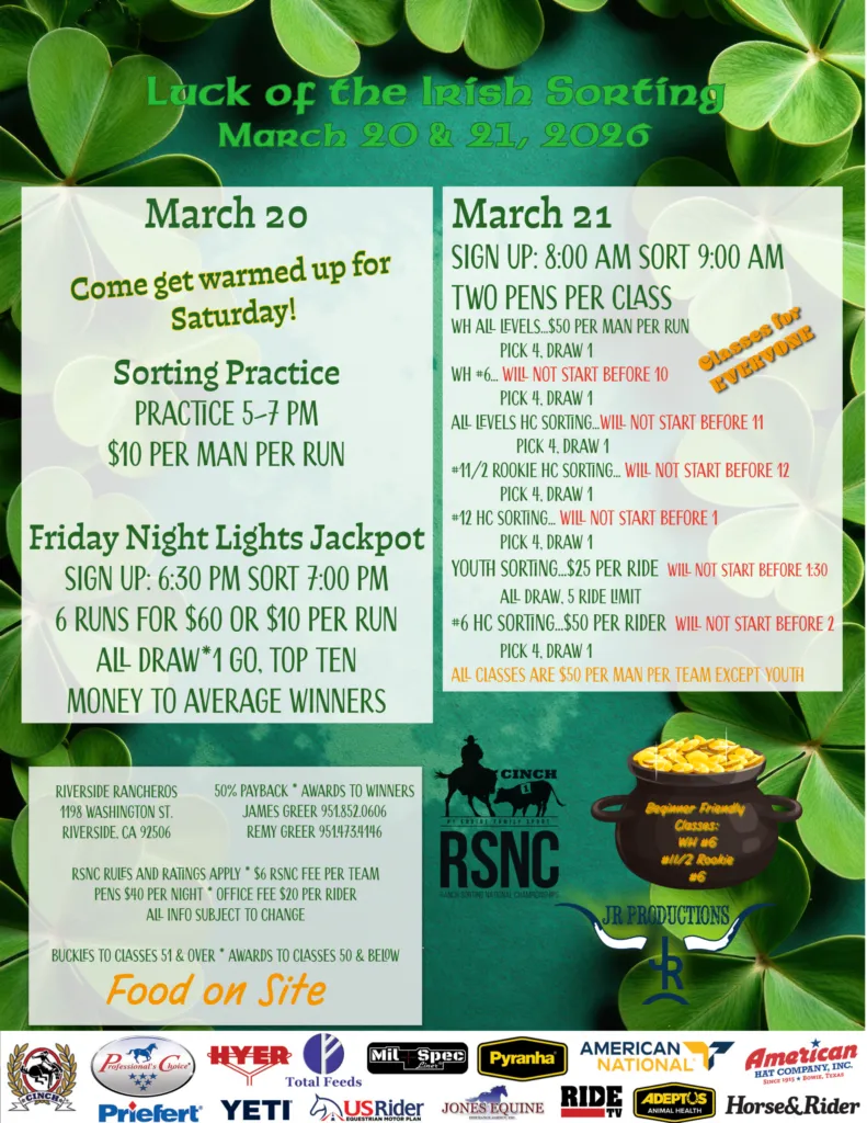 Shamrock-themed Luck of the Irish Sorting event flyer listing March 20-21, 2026 ranch sorting classes, times and fees