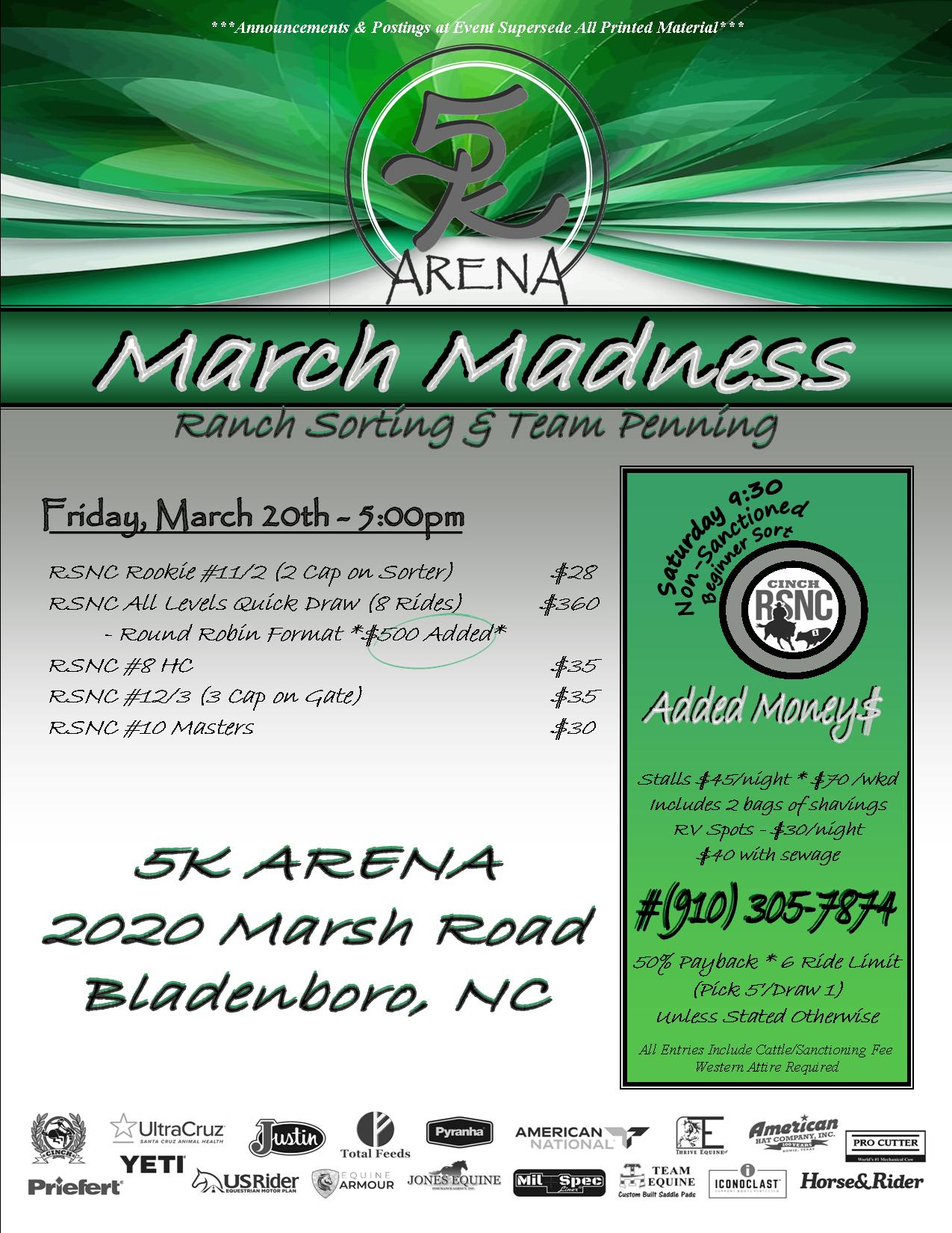 5K Arena "March Madness" ranch sorting and team penning event flyer listing RSNC classes, fees and Bladenboro, NC location