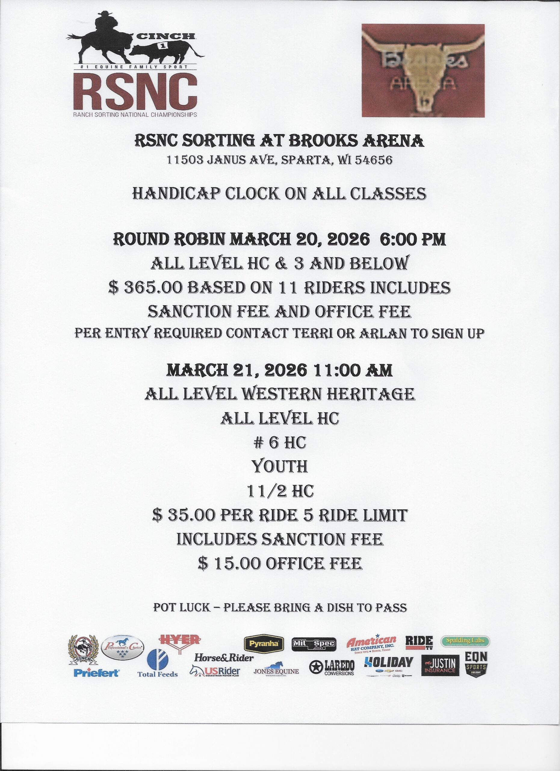 Cinch RSNC Ranch Sorting National Championships event flyer for sorting at Brooks Arena in Sparta, Wisconsin