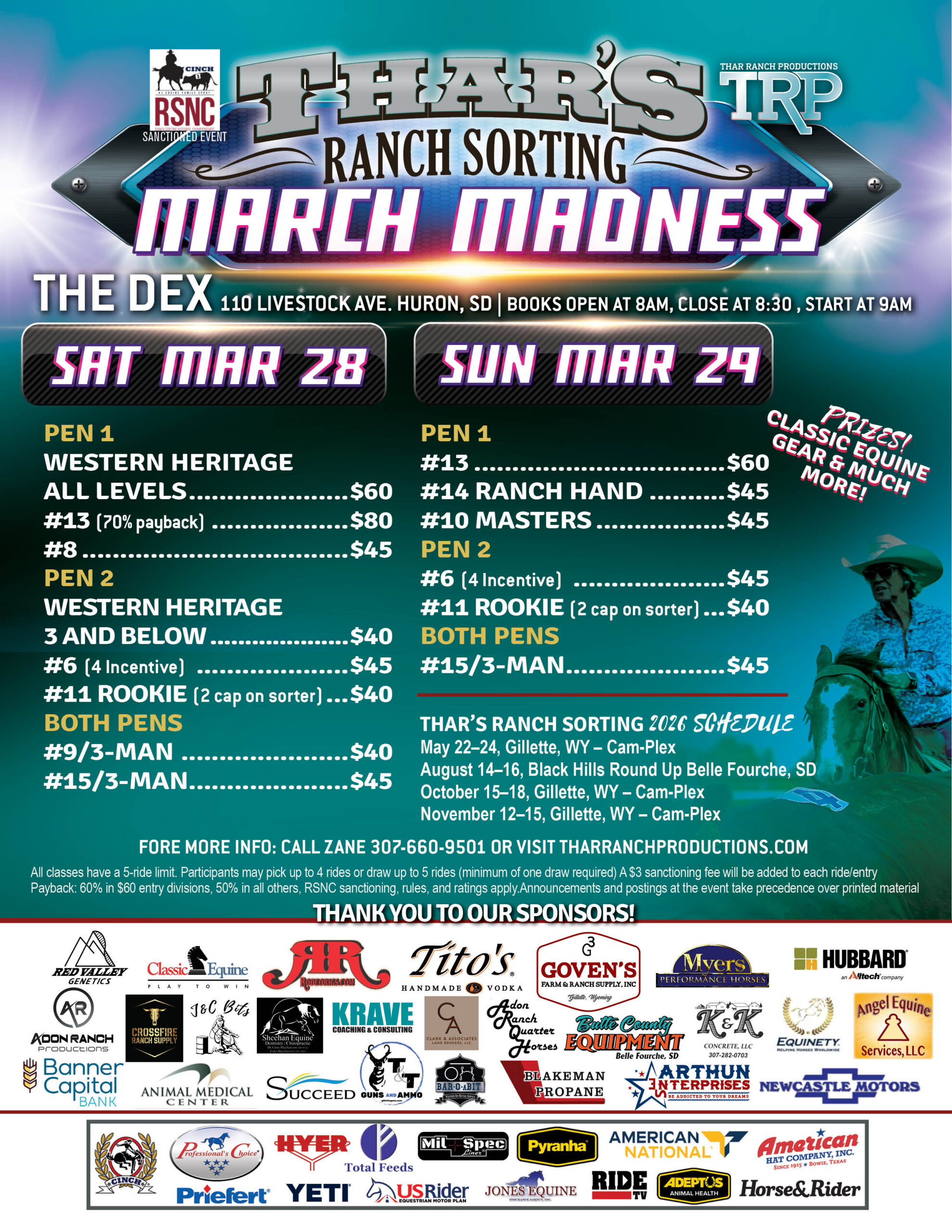 Event flyer for Thar's Ranch Sorting March Madness at The Dex in Huron, SD, listing class schedules, fees and sponsors