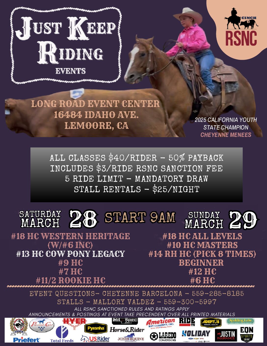 Event flyer for a Just Keep Riding ranch sorting weekend in Lemoore, California, featuring a young rider in pink working a cow