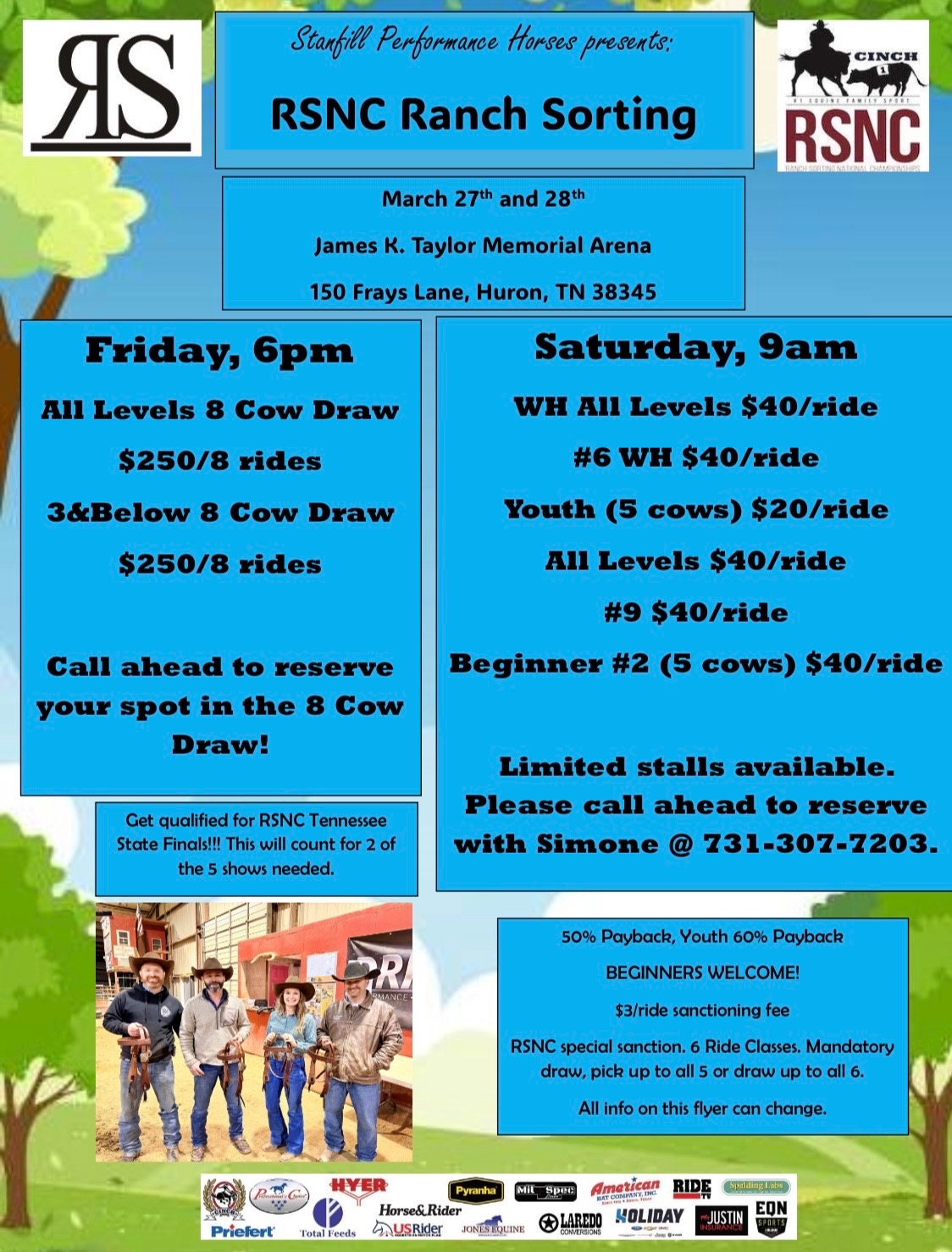 Flyer for Stanfill Performance Horses' RSNC Ranch Sorting on March 27-28 at James K. Taylor Memorial Arena in Huron, Tennessee