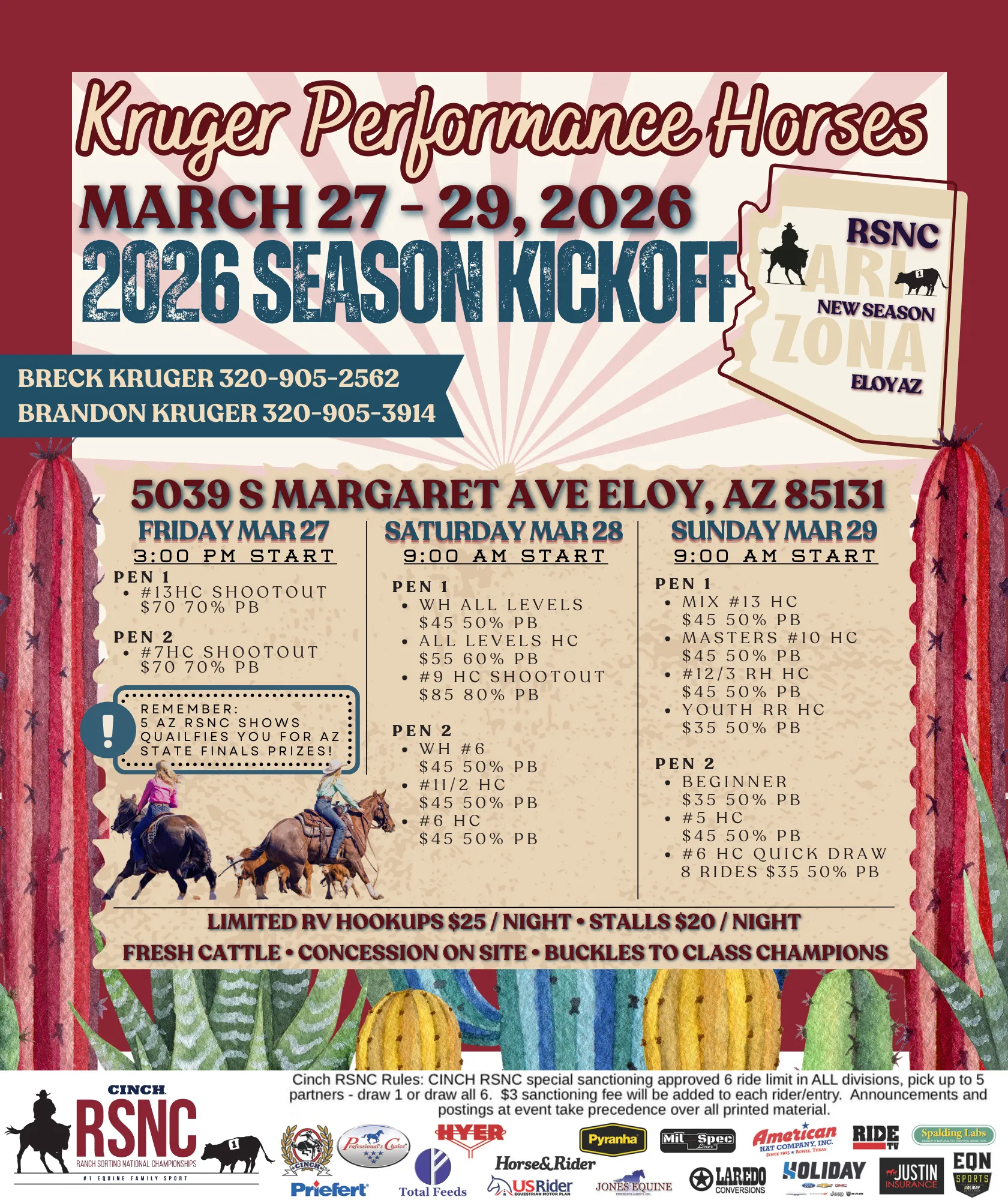 Kruger Performance Horses 2026 RSNC Season Kickoff event flyer for March 27-29 in Eloy, Arizona with class schedule