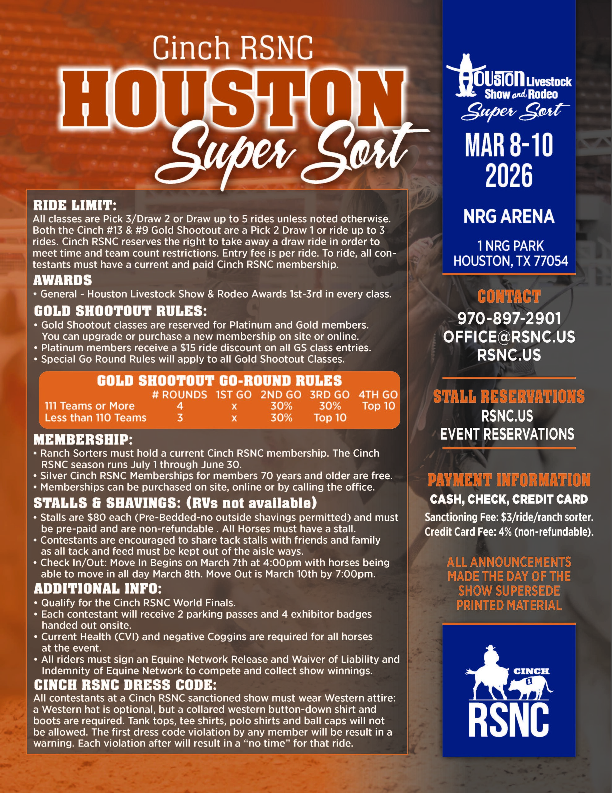 Cinch RSNC Houston Super Sort event flyer listing ride limits, Gold Shootout rules, stall info and dress code for NRG Arena, March 8-10, 2026