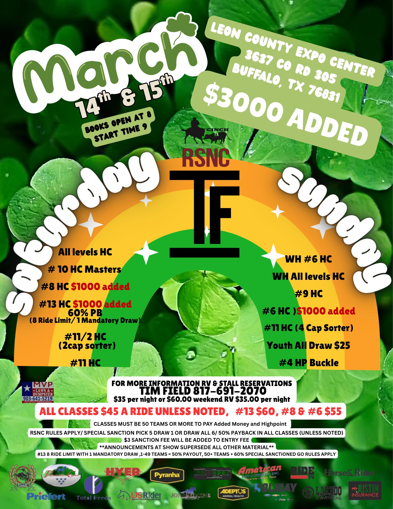 Green clover-themed event flyer for a March 14-15 RSNC ranch sorting show in Buffalo, Texas with $3000 added and class list