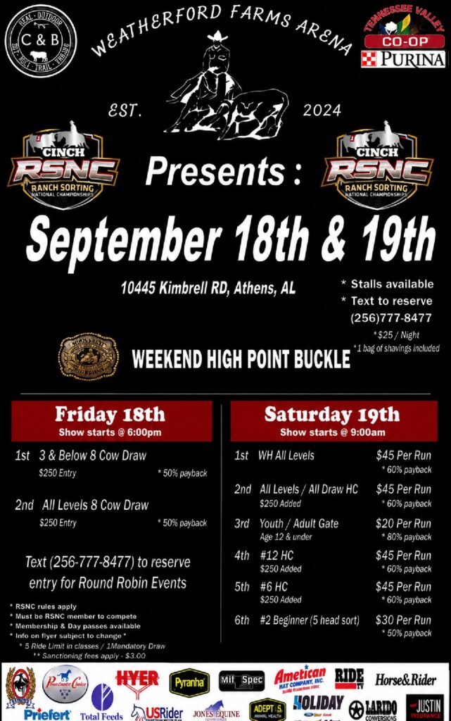 Weatherford Farms Arena event flyer advertising RSNC Ranch Sorting competition September 18-19, 2024 in Athens, Alabama, with entry fees and schedule for Friday and Saturday events