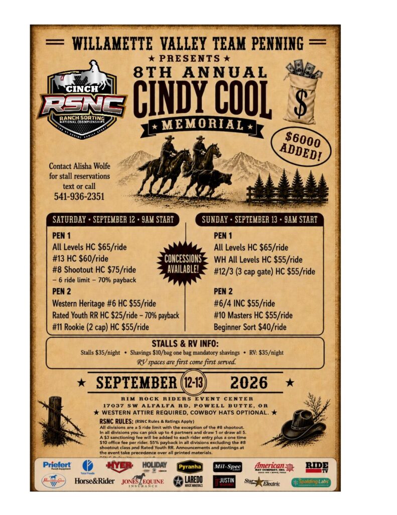 Poster for the 8th Annual Cindy Cool Memorial team roping event presented by Willamette Valley Team Penning on September 12, 2026
