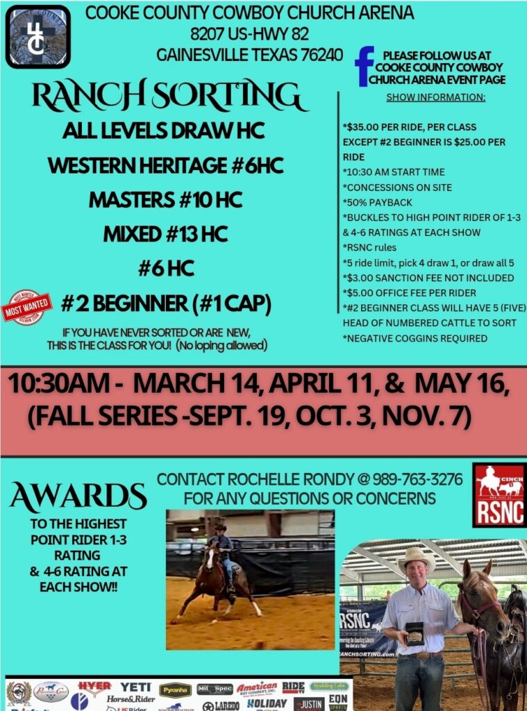 Cooke County Cowboy Church Arena ranch sorting event flyer advertising all levels draw, Western Heritage, Masters, Mixed, and Beginner classes with March, April, and May dates at 10:30am