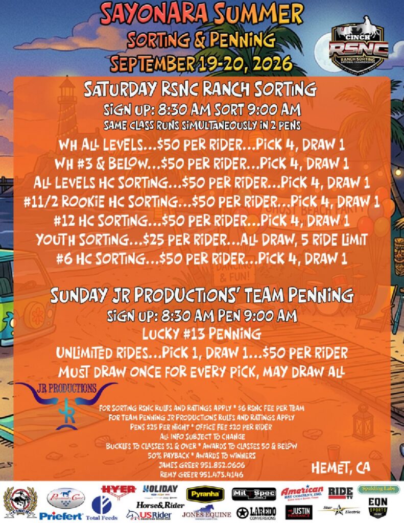 Sayonara Summer Sorting & Penning event flyer for September 19-20, 2026 in Hemet, California, detailing Saturday ranch sorting and Sunday team penning competition details, fees, and sponsor logos