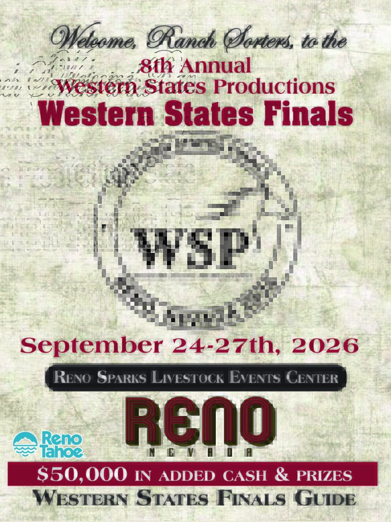 Welcome poster for 8th Annual Western States Productions Finals at Reno Sparks Livestock Events Center, September 24-27, 2026, featuring WSP logo and $50,000 in added cash and prizes