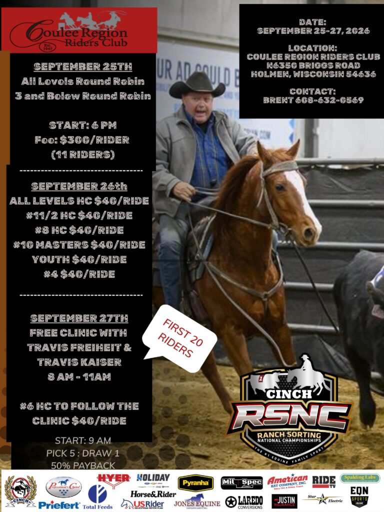 Cowboy riding a sorrel horse at a ranch sorting event; flyer advertises Coulter Region Riders Club clinics and competitions September 25-27, 2026