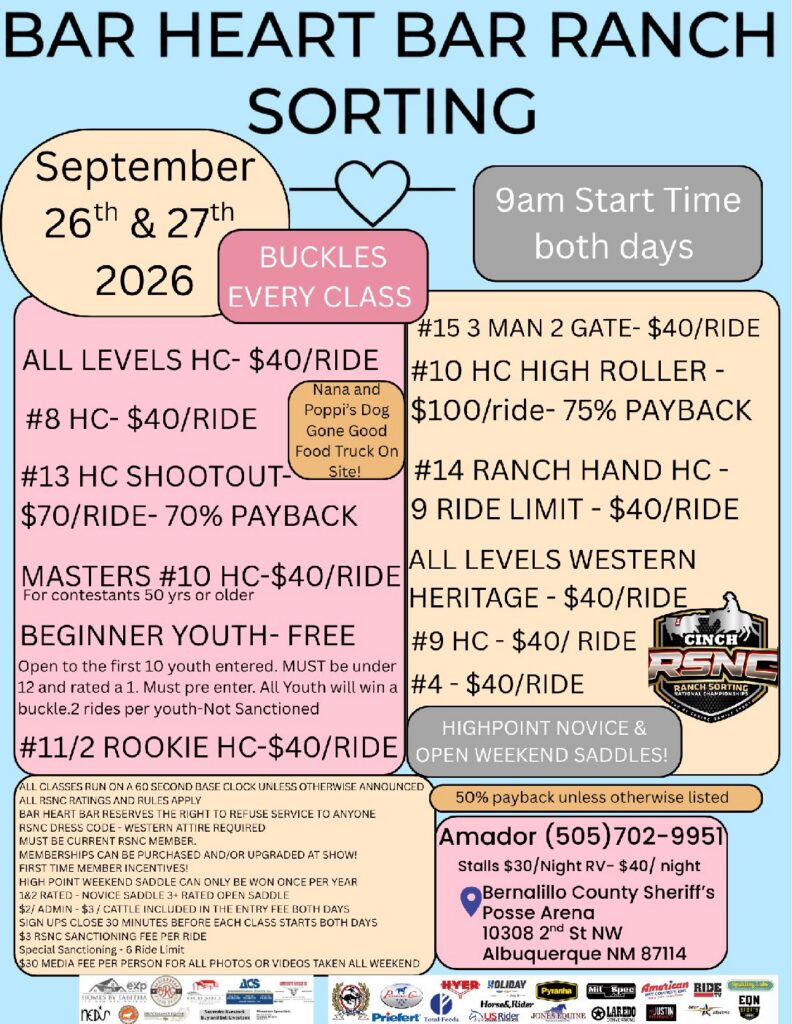 Bar Heart Bar Ranch Sorting event flyer for September 26-27, 2026, listing multiple horse classes, ride fees, payback percentages, and contact information for Bernalillo County Sheriff's Posse in Albuquerque, New Mexico