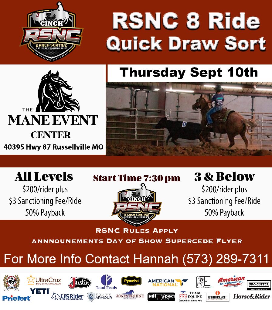 RSNC 8 Ride Quick Draw Sort event flyer for Mane Event Center in Russellville, MO on Thursday, September 10th at 7:30 pm, featuring ranch sorting competition with entry fees and payback details