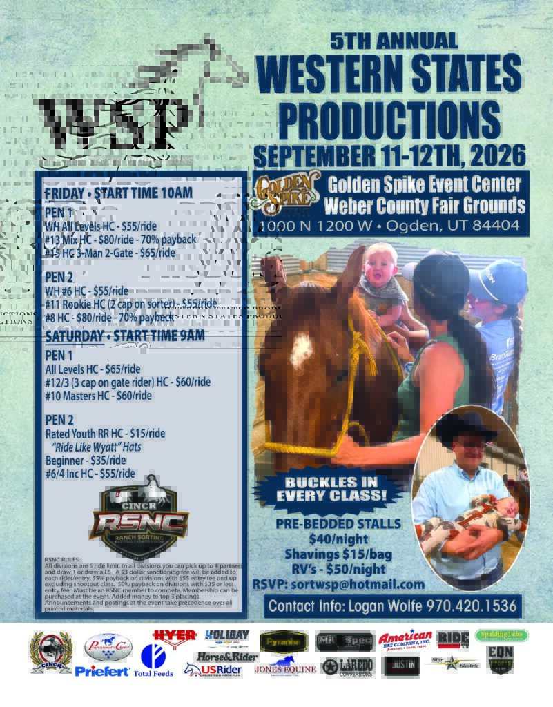 Western States Productions 5th Annual event flyer for September 11-12, 2026 at Golden Spike Event Center in Ogden, Utah, featuring rodeo competition details and photos of a rider on horseback and barbecue food