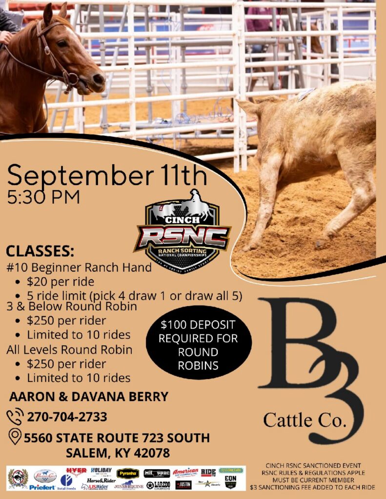Cinch RSNC Ranch Sorting flyer advertising beginner ranch hand classes and round robin events on September 11th at BB Cattle Co. in Salem, Kentucky