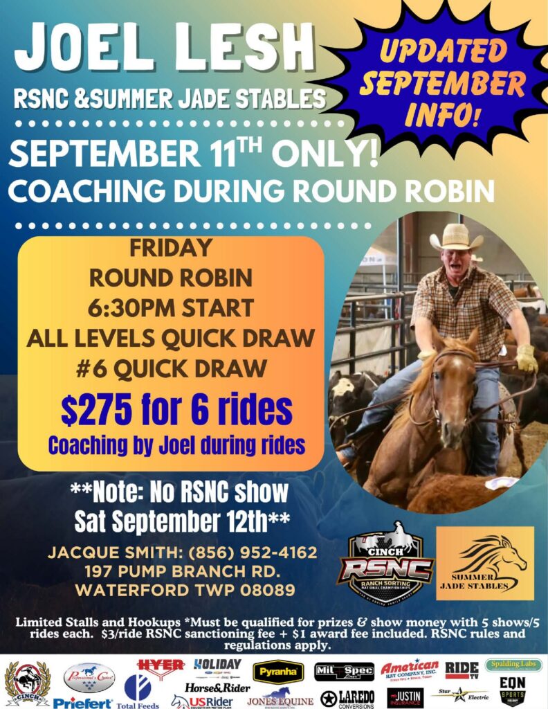 Joel Lesh coaching advertisement for Round Robin event at RSNC & Summer Jade Stables on September 11th, featuring coaching during rides for $275