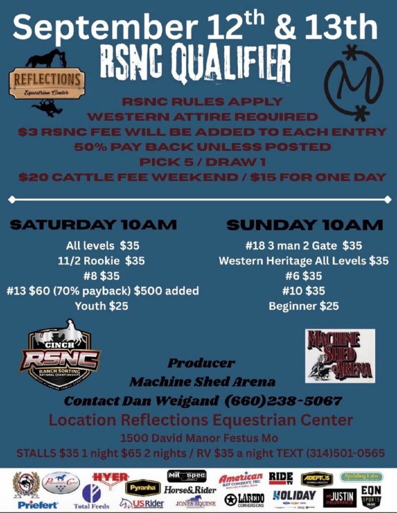 RSNC Qualifier event flyer for September 12-13 at Reflections Equestrian Center featuring ranch sorting and cattle events with entry fees and class details