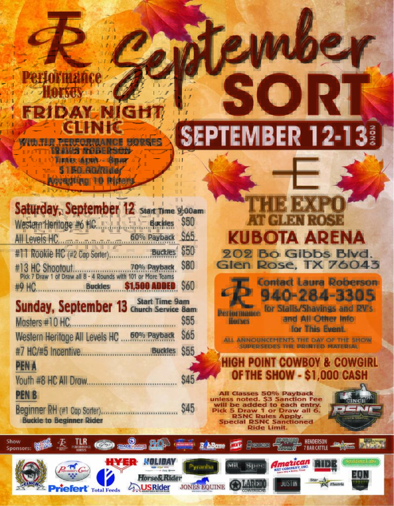 TLR Performance Horses September Sort event flyer for September 12-13 at The Expo at Glen Rose Kuota Arena in Glen Rose, Texas, featuring Friday night clinic and weekend sorting competition details
