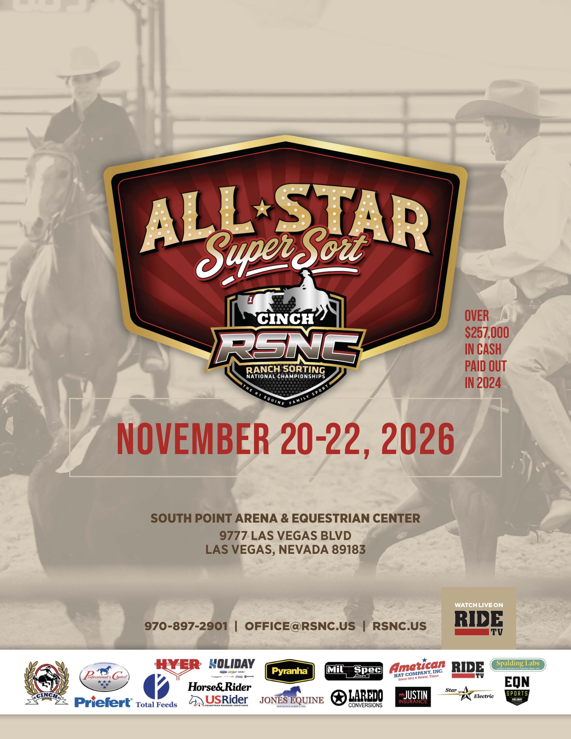 Cinch RSNC All-Star Super Sort Ranch Sorting National Championships promotional poster for November 20-22, 2026, at South Point Arena in Las Vegas, featuring mounted ranch sorters and offering over $257,000 in prize money