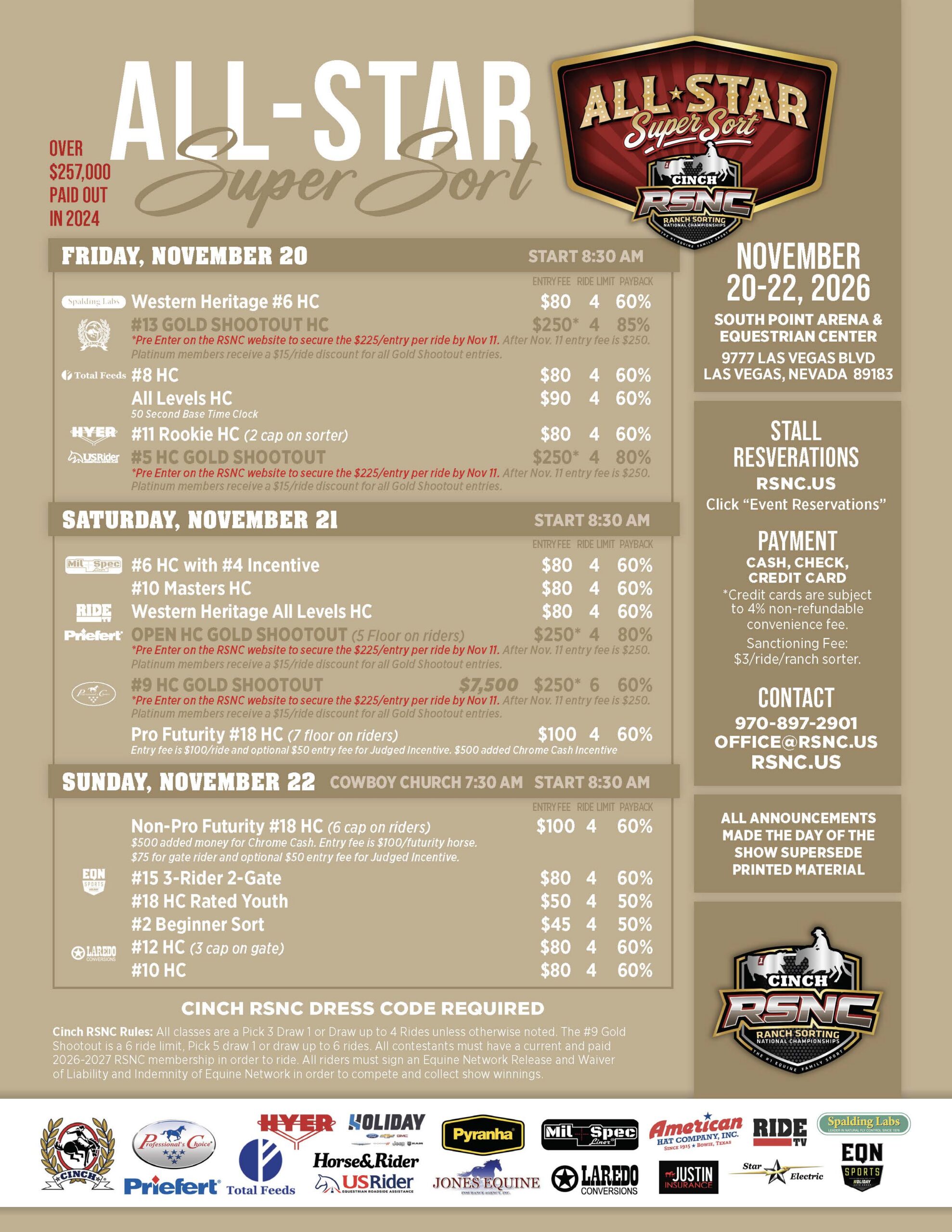 All-Star Super Sort event flyer for Cinch RSNC ranch sorting competition, November 20-22, 2026, at South Point Arena in Las Vegas, with entry fees, class details, and sponsor logos