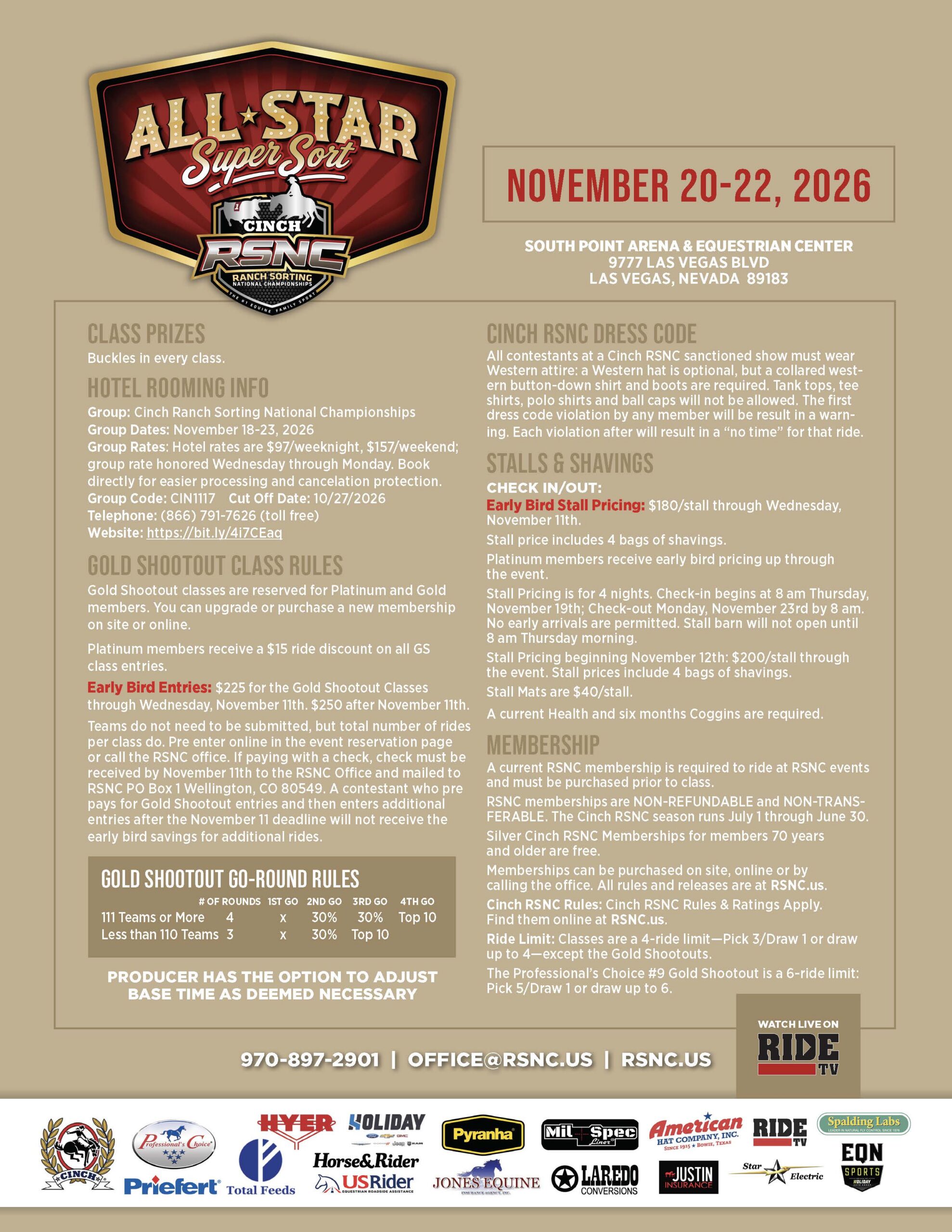 Cinch RSNC All-Star Super Seat Ranch Sorting National Championships flyer for November 20-22, 2026, at South Point Arena in Las Vegas, listing event details, stall pricing, membership requirements, and Gold Shootout rules