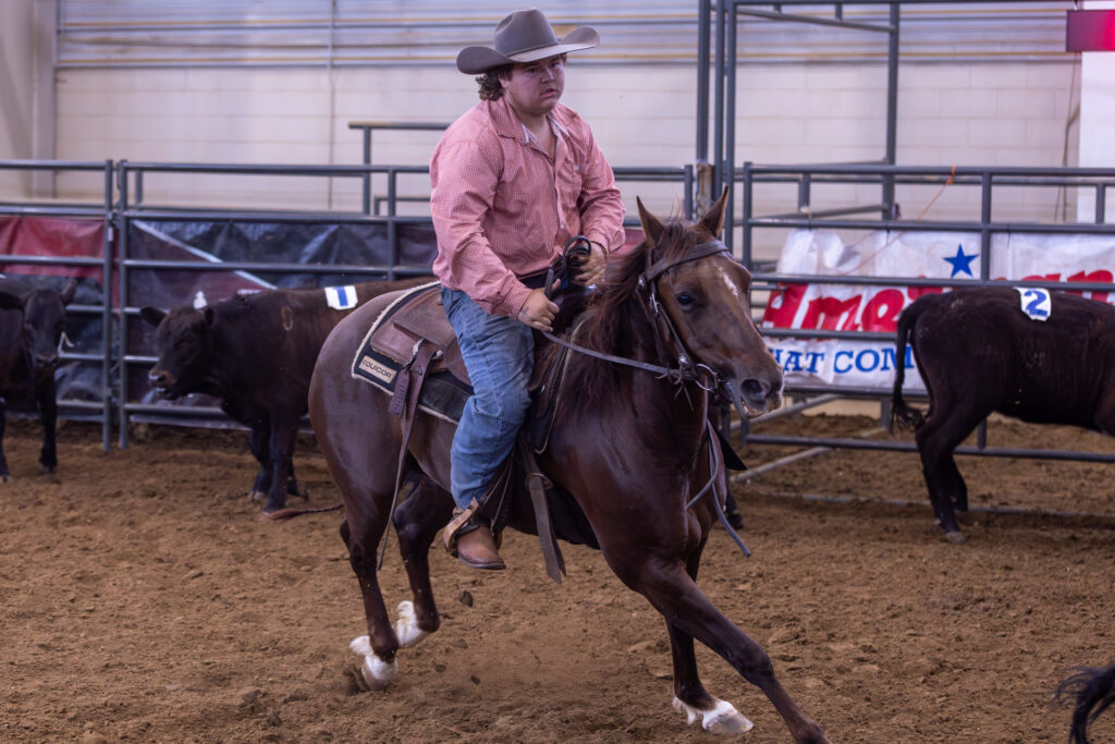 Young rider in a pink shirt and cowboy hat works cattle aboard a sorrel horse in a dirt arena