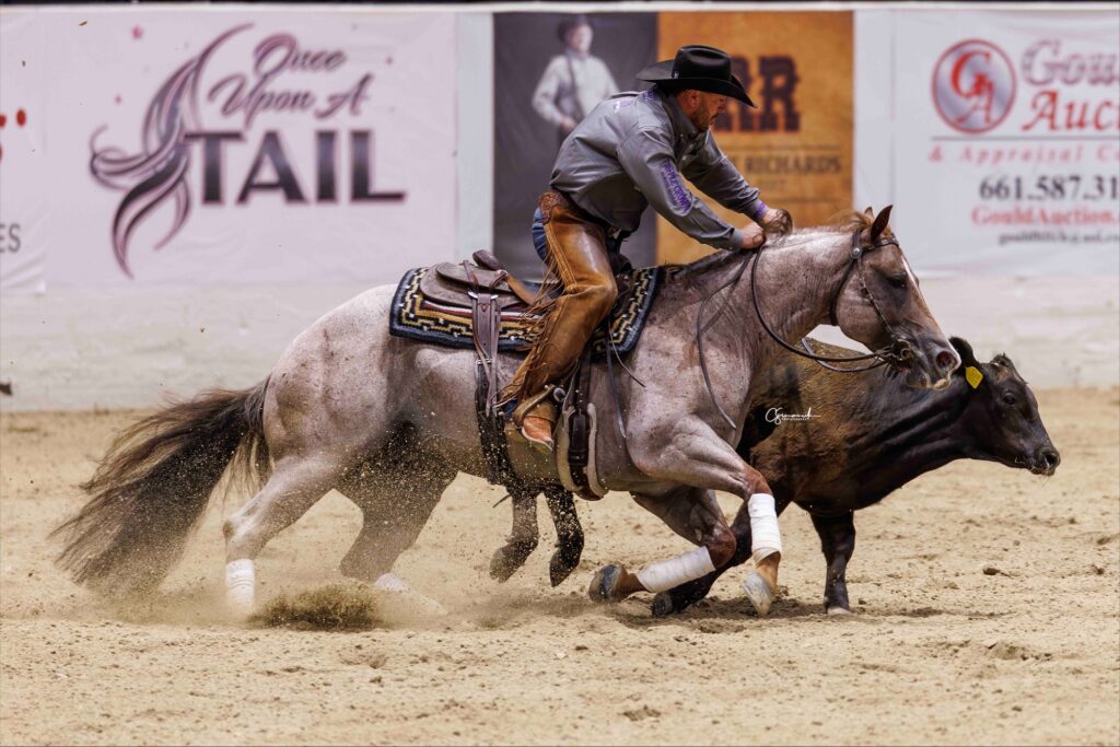Cowboy on horseback sliding to a stop in arena dust during a rodeo event