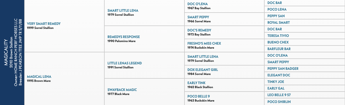 Five-generation pedigree chart for Magicality, a 2010 brown stallion, listing sires and dams including Smart Little Lena and Magical Lena