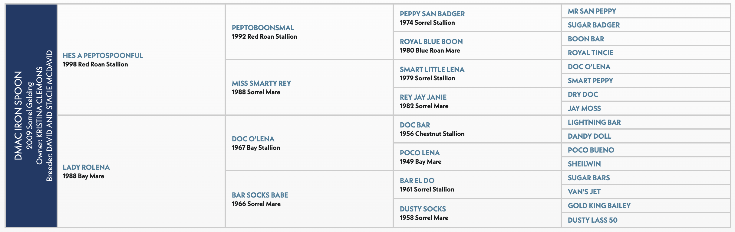 Five-generation pedigree chart for DMAC Iron Spoon, a 2009 sorrel gelding sired by Hes A Peptospoonful out of Lady Rolena